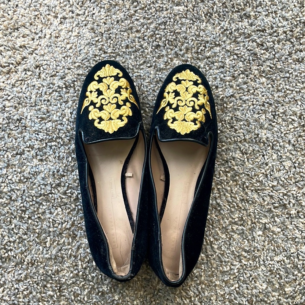 Zara Woman suede velvet slippers US 11 black Gold